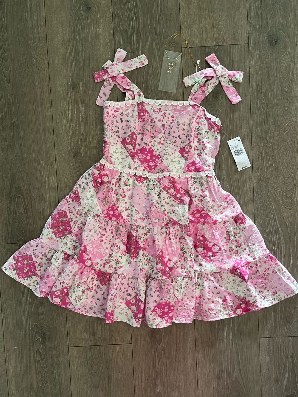 NWT In Girl Pink Floral Tiered Sundress Size 12 AND Butterfly Necklace